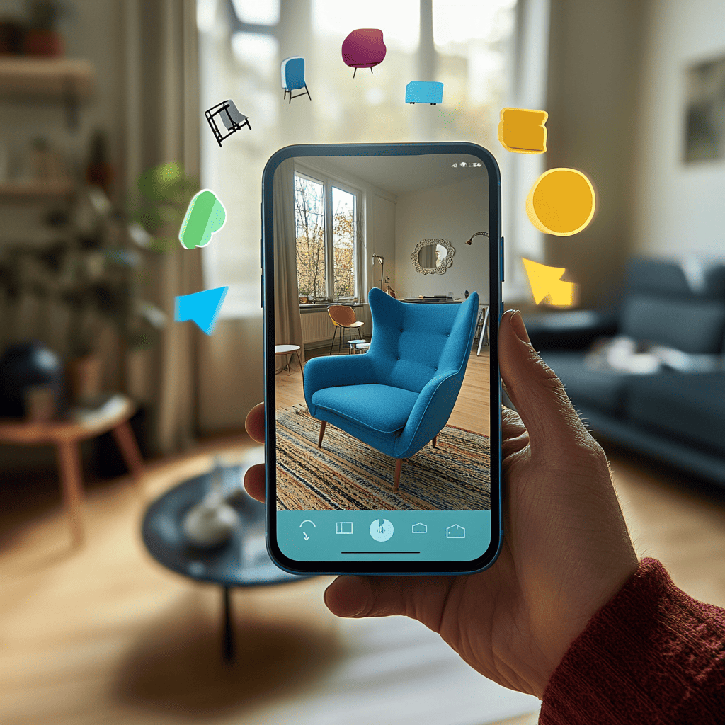 Dispositivo móvil mostrando una sala de estar utilizando la tecnología de realidad aumentada