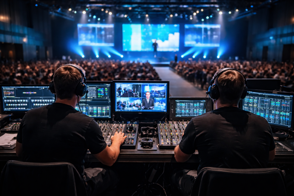 Técnicos de instalación de pantalla LED para eventos