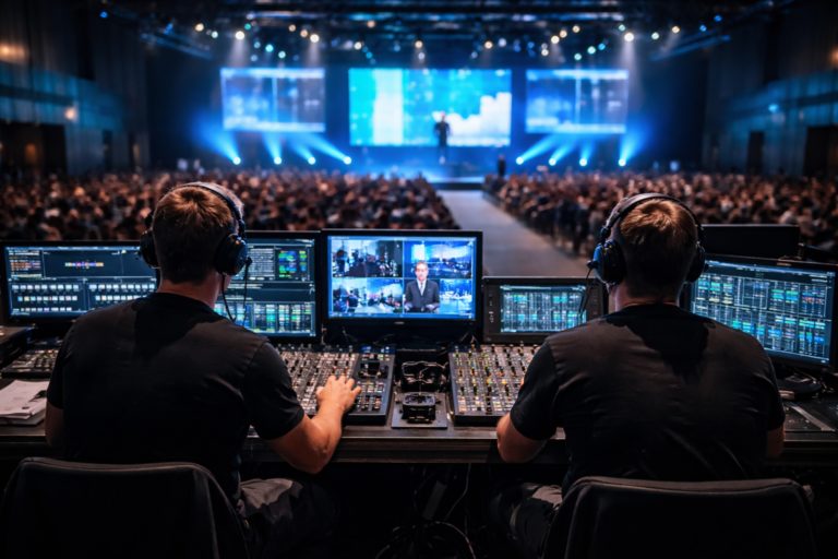 Técnicos de instalación de pantalla LED para eventos