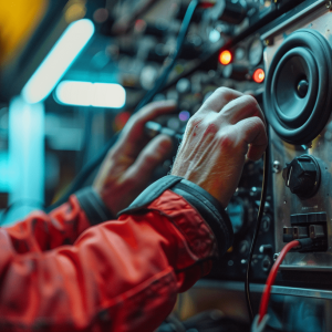 alquiler-audiovisual-mantenimiento-equipos Persona reparando un altavoz