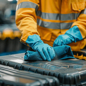 limpieza-mantenimiento-equipos persona limpiando una caja en almacen